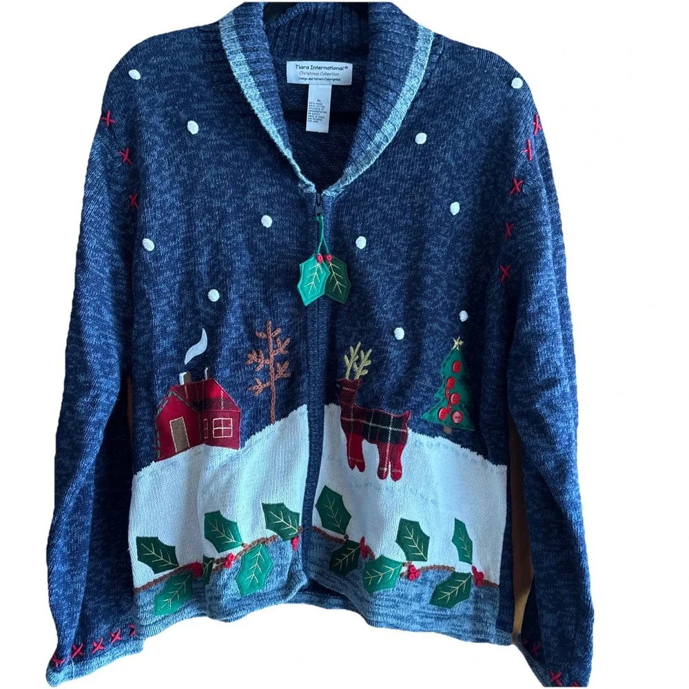 Vtg Tiara International Christmas Sweater Womens XL‎ Embellished Knitted Grandma